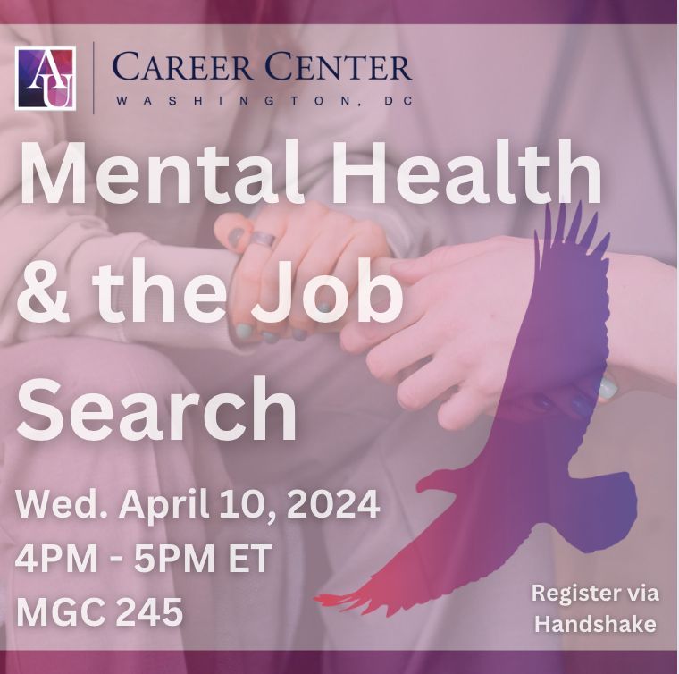 Join the @AUCareerCenter, Center for Well-Being Programs and Psychological Services, and the Center for Diversity & Inclusion where panelists will share tips for managing stress during the search process and insights on overcoming imposter syndrome american.joinhandshake.com/stu/events/144… @AU_SOC