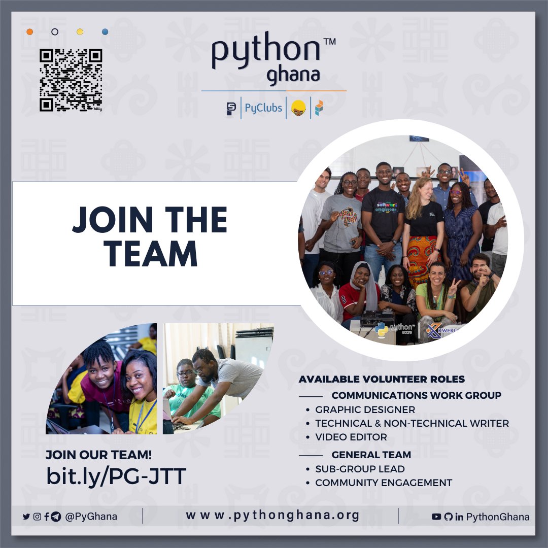 🐍💻 Python Ghana is having a general call for volunteers to join the team of open-source contributors making a difference. We are seeking passionate individuals to join our expanding community! 🌍💡 🔗 bit.ly/PG-JTT #PythonGhana #OpenSource #VolunteerWithUs 🎉✨