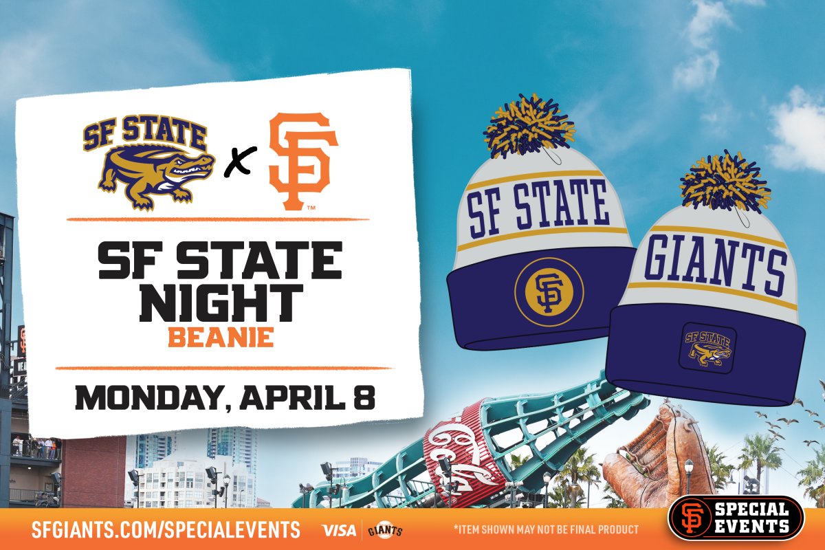 SF State Night is on April 8 for the @SFGiants vs. Washington @OracleParkSF. Your purchase of a special ticket includes a special Gators-Giants beanie! Partial proceeds benefit the SF State Fund: fevo-enterprise.com/event/SFSUGian…