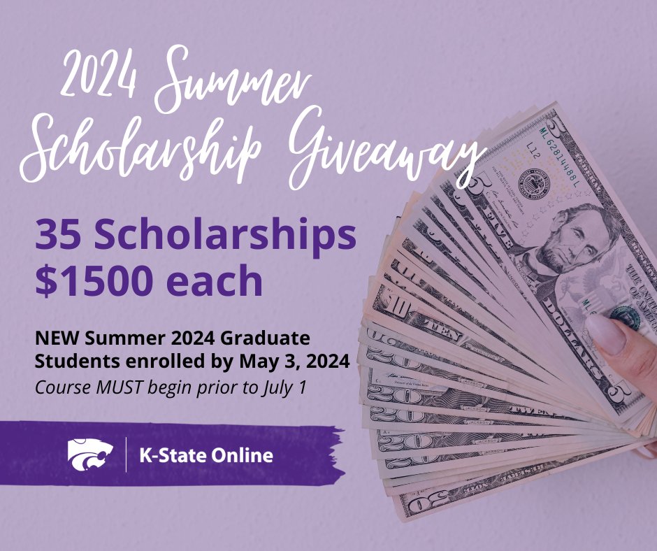 New grad students who start at K-State in Summer 2024 will be entered into a giveaway to win a one-time scholarship for $1,500! Must enroll by May 3, 2024 (and begin classes prior to July 1). Apply for grad: bit.ly/3xsxDnB Accepted grad students: bit.ly/4cKxpIu