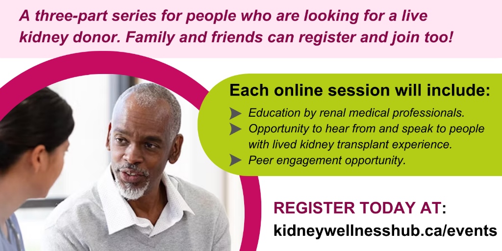 Looking for a living kidney donor? @KidneyBCY is running a three-part series, providing kidney patients (and their friends/family) with tips on finding a donor. Register for the virtual series here: kidneywellnesshub.ca/webinar-findin… #KidneyCare #KidneyTransplant #KidneyHealth