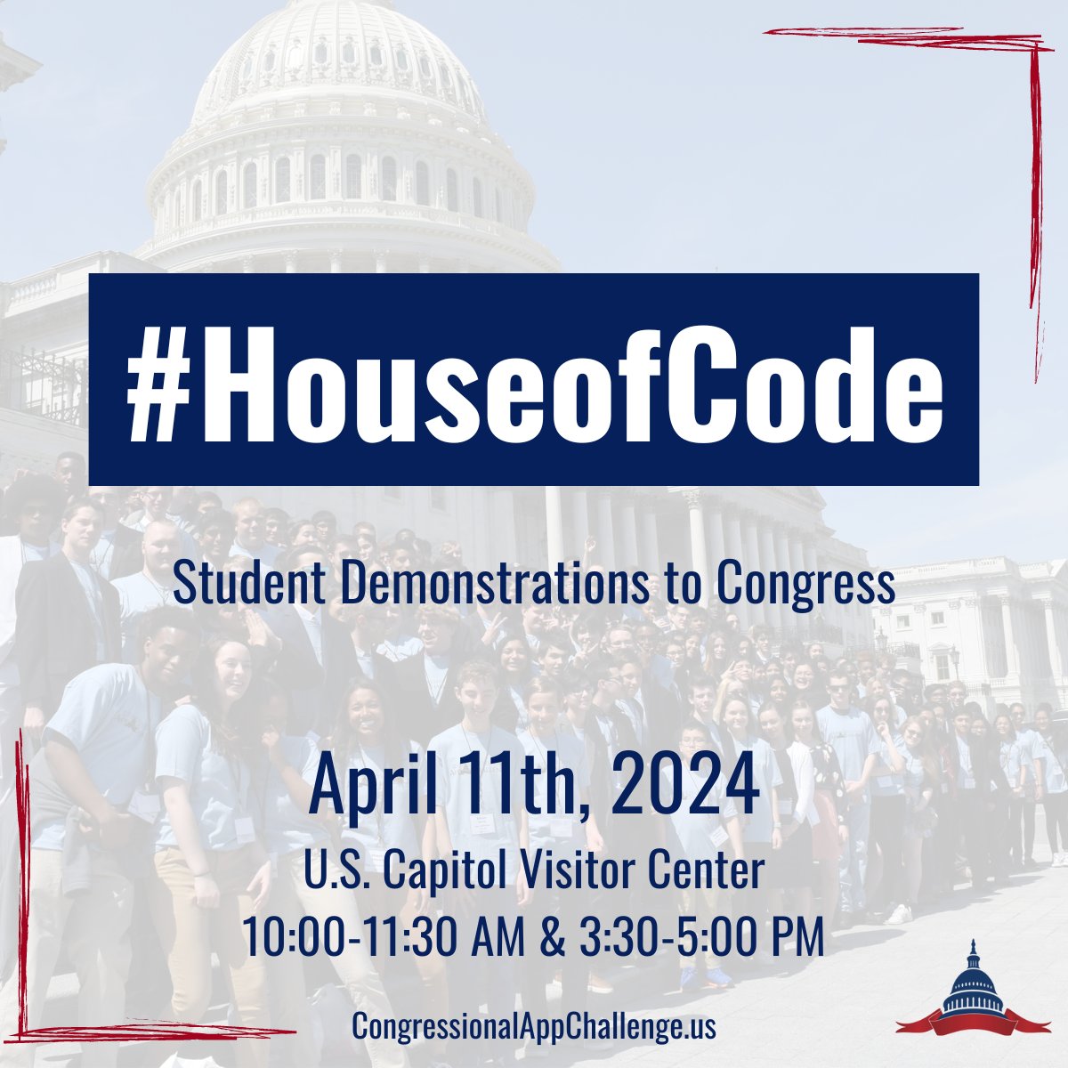#HouseOfCode is next week - and you're invited to join Congress for Student Demonstrations in the U.S. Capitol! Over 360 students from 47 states will be presenting their winning apps to Congress on April 11th. More info and RSVP here: congressionalappchallenge.us/students/house… #Congress4CS