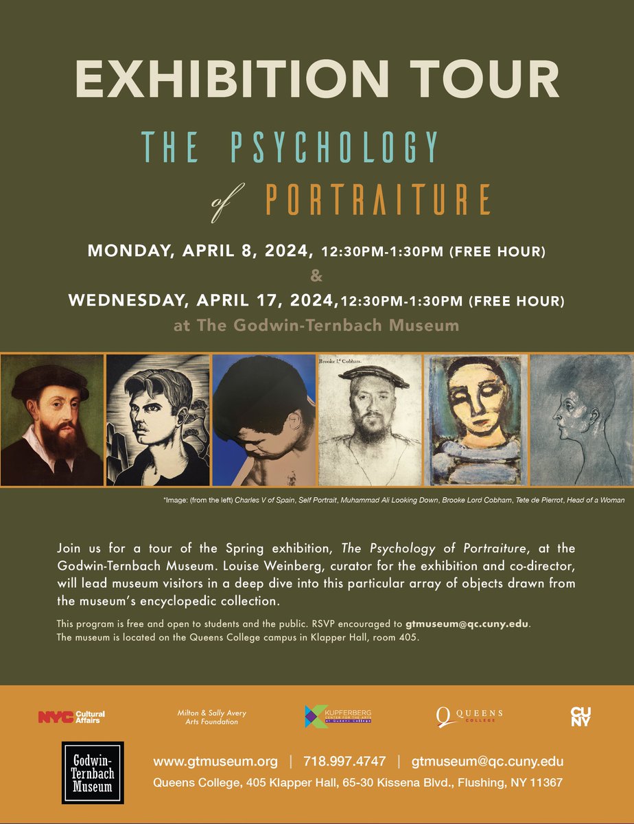 Exhibition Tour: The Psychology of Portraiture 4/8, 12:30 pm & 4/17, 12:30 pm At @GodwinTernbach RSVP: gtmuseum@qc.cuny.edu Take a deep dive into this particular array of objects drawn from the museum’s encyclopedic collection. Free & open to the public.