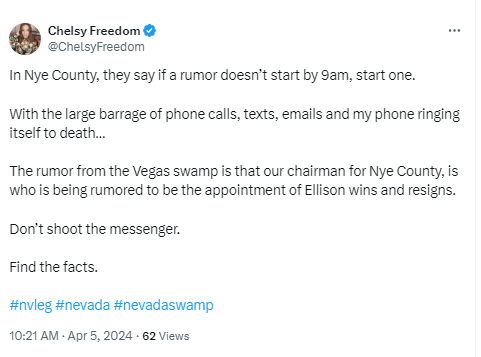 Ellison4Nevada's tweet photo. Well, more fake rumors this morning!  But hey, if you're making up stuff, might as well throw in a conspiracy theory or two, right? Remember to post that I was on the grassy knoll and and Paul McCarty and myself are playing golf on the moon today! #TinFoilHatFriday https://t.co/sV0si6Z1pi