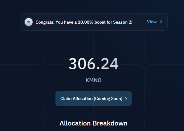 #Airdrop <a href="/KaminoFinance/">Kamino</a>  dispo ! 
Je m'attendais à un peu plus mais on prend qd même :)
Let's go for 2nd Season!
#Solana  #KMNO