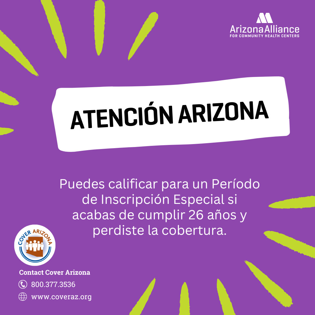 Perder la cobertura que tenías bajo el seguro médico de tus padres puede calificarte para un Período de Inscripción Especial. Para más información, comuníquese con Cover Arizona al 800.377.3536 o en coveraz.org/es/. #seguro #medicaid #pólizadeseguromédico