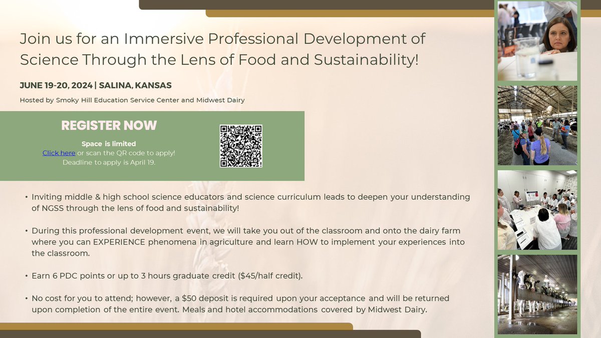 Middle School and High School STEM teachers-check out this exciting FREE PD opportunity to tour a dairy and learn how to implement NGSS-aligned activities in your classroom. Midwest Dairy will pay for lodging and meals! Apply by April 19th forms.office.com/r/wTjbhUr4DV @SmokyHillEDU