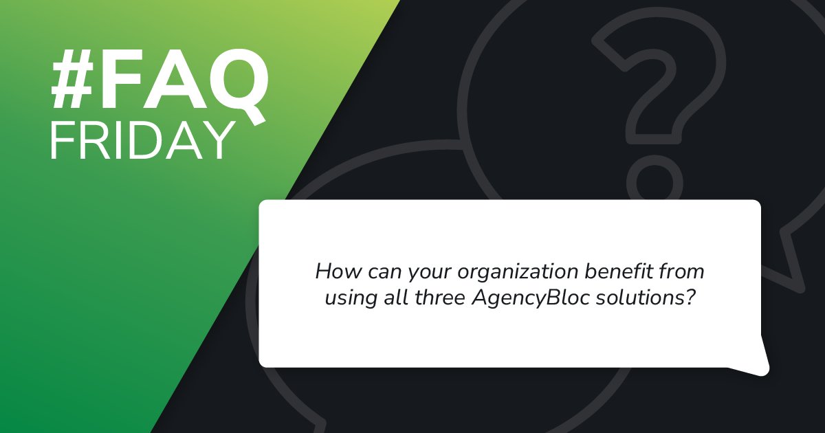 It's #FAQFriday! What is the benefit of using all three AgencyBloc solutions? It can reduce your tech stack, eliminate data silos, and cut the number of steps in your processes. Learn more about the AgencyBloc Plus Suite: bit.ly/4cNrToO

#insurtech #insurancebroker