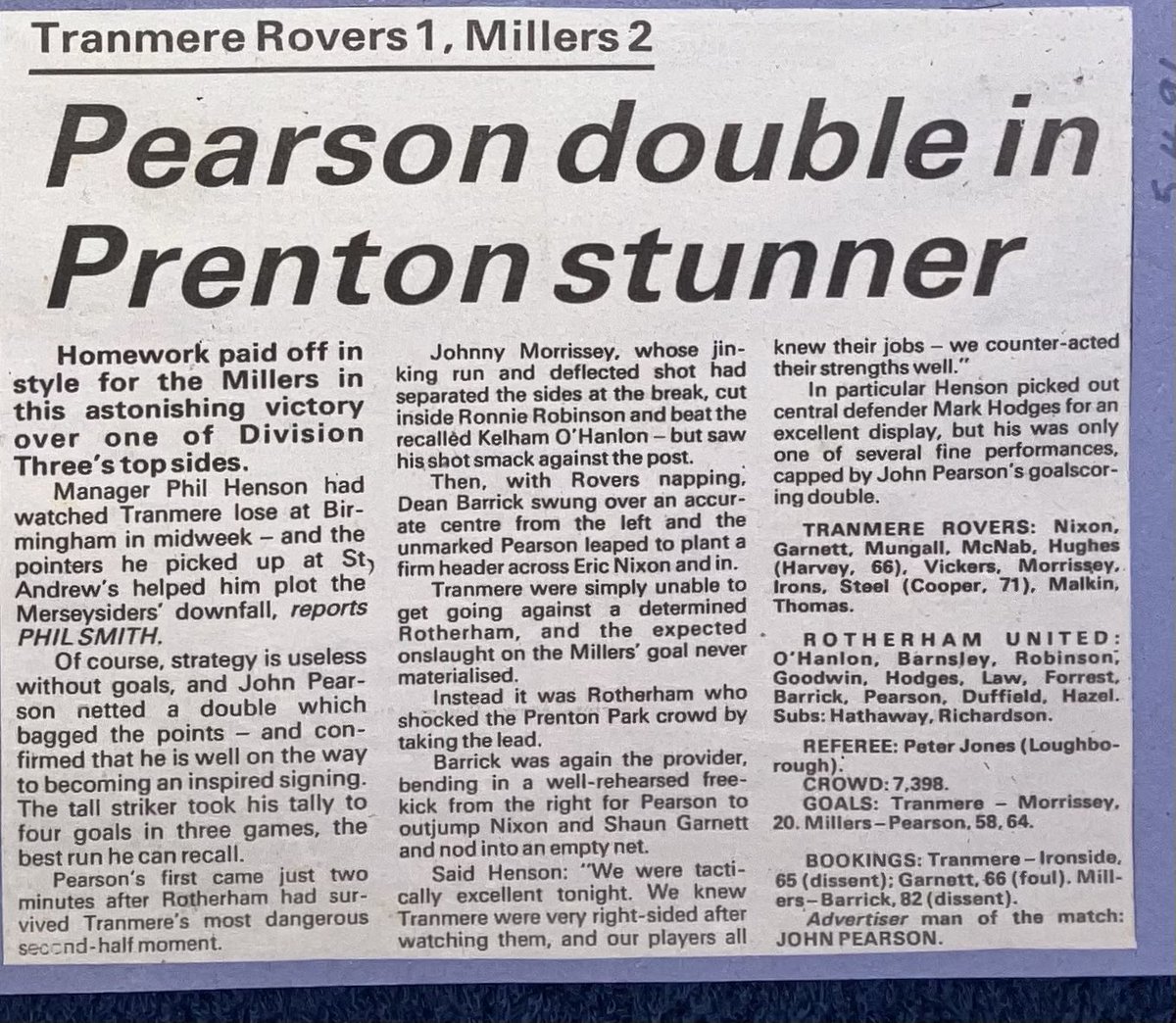 OTD 1991 Tranmere Rovers 1 Rotherham Utd 2. #rufc @ronniemoore John Pearson with both goals for the Millers. 5.4.91