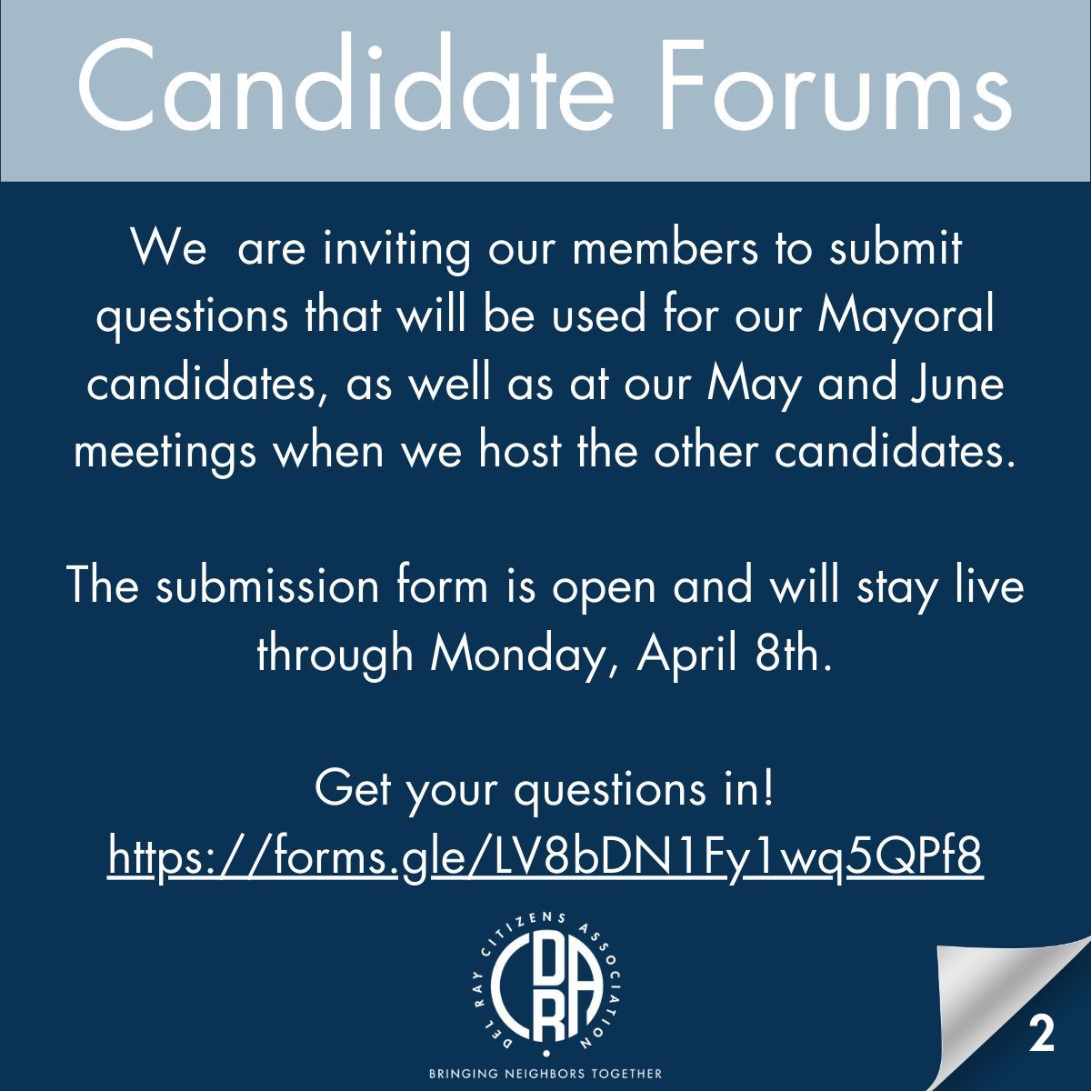 The DRCA is excited to announce that we will be using the last three meetings of our 23-24 membership year to host candidates running for City Council. Members are invited to submit questions here through Monday, April 8: buff.ly/43UsTmY