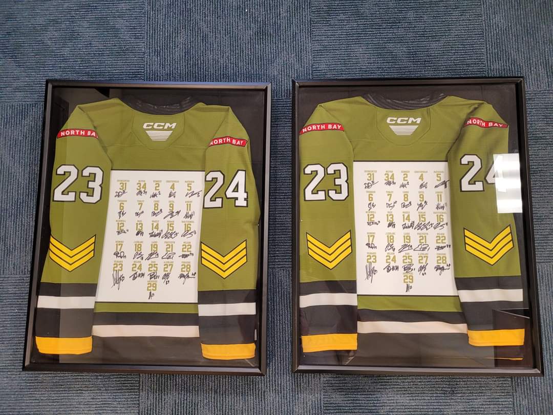 DeputyChiefDaze's tweet photo. 2 custom framed &amp; autographed  Battalion Jerseys - 2023/24 active roster. Auction proceeds support Battalion forward Ihnat Pazii &amp; his home Country- Ukraine. Proceeds go to humanitarian supplies in Ukraine. Link below to auction. @OHLBattalion
@OHLHockey

https://t.co/9cF4CK0djX https://t.co/dzTZCaBGIr