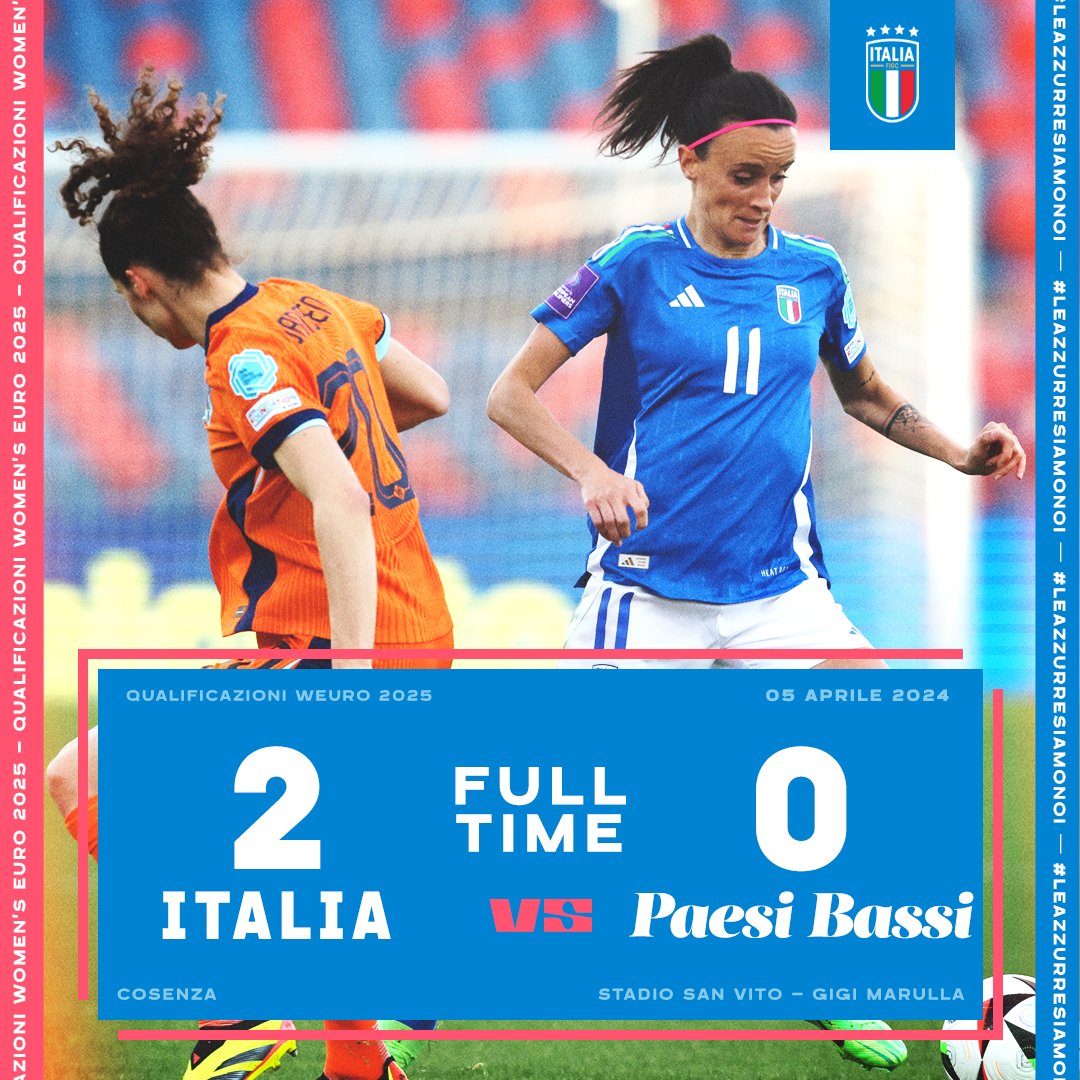 ⏱️ 𝐑𝐈𝐒𝐔𝐋𝐓𝐀𝐓𝐎 𝐅𝐈𝐍𝐀𝐋𝐄 #ItaliaPaesiBassi 🇮🇹🇳🇱 2️⃣-0️⃣ 4' Giacinti; 59' Bonfantini #Nazionale #Azzurre #LeAzzurreSiamoNoi