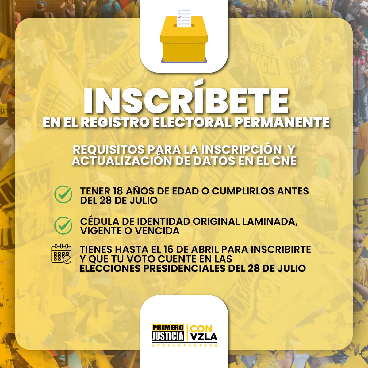 Tu participación es crucial. Toma acción lo antes posible para asegurarte de que tu voz se escuche en las próximas elecciones. ¡Inscríbete o actualiza tus datos en el CNE y ejerce tu derecho al voto! #InscríbeteYVota 🇻🇪🗳️