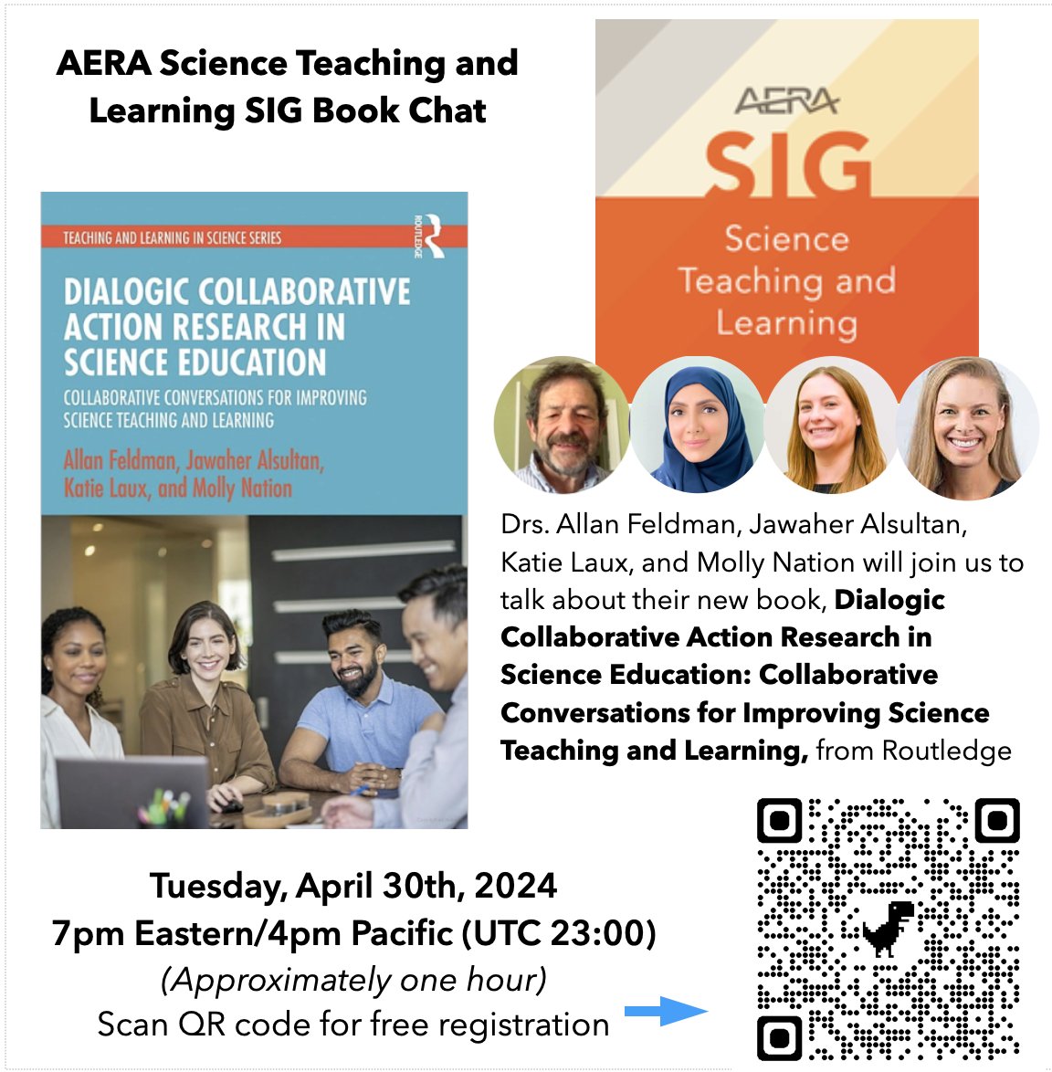 Join @aerastl on Zoom April 30th at 7pm EST/4pm PST for a chat with with Drs. Allan Feldman, @Jasalsultan Katie Laux, & Molly Nation about their new book, 'Dialogic Collaborative Action Research in Science Education' from @routledgebooks Register here: montclair.zoom.us/meeting/regist…