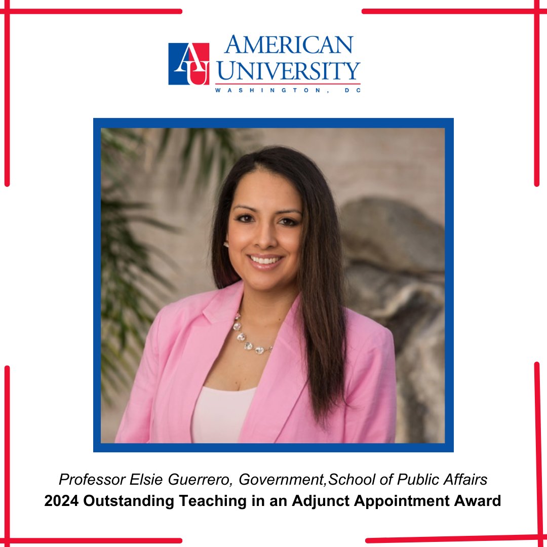 I am so excited to share that I was selected to receive the 2024 Outstanding Teaching in an Adjunct Appointment Award representing @AU_SPA. It is such a great honor! Thank you to all my students who nominated me and to all the students who allowed me to be their professor.
