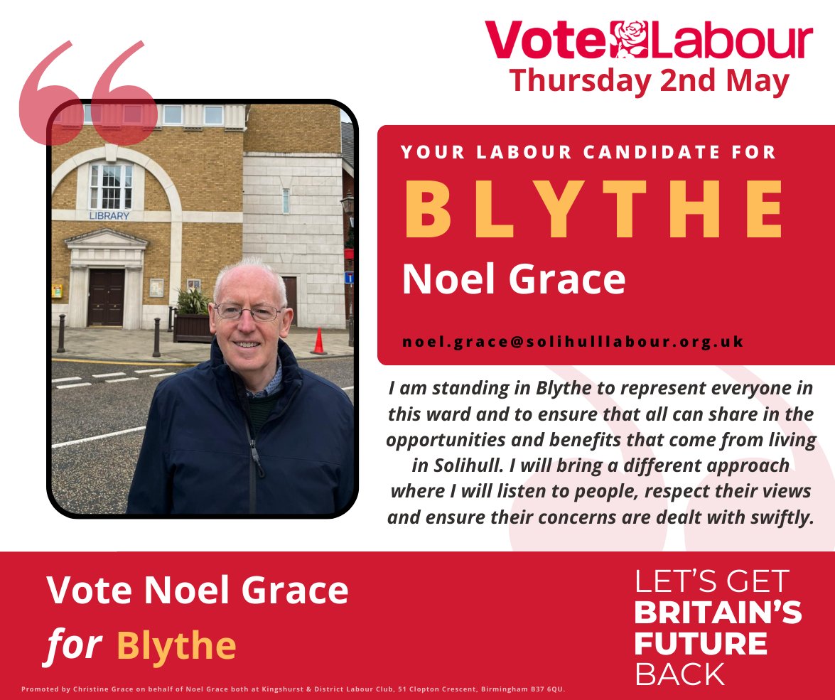 Introducing your Labour candidate for Blythe, Noel Grace! 🌹

Vote Labour on Thursday 2nd May 🗳

#LocalElections2024 #VoteLabour #UKlabour #Blythe #Solihull #SolihullWestandShirley