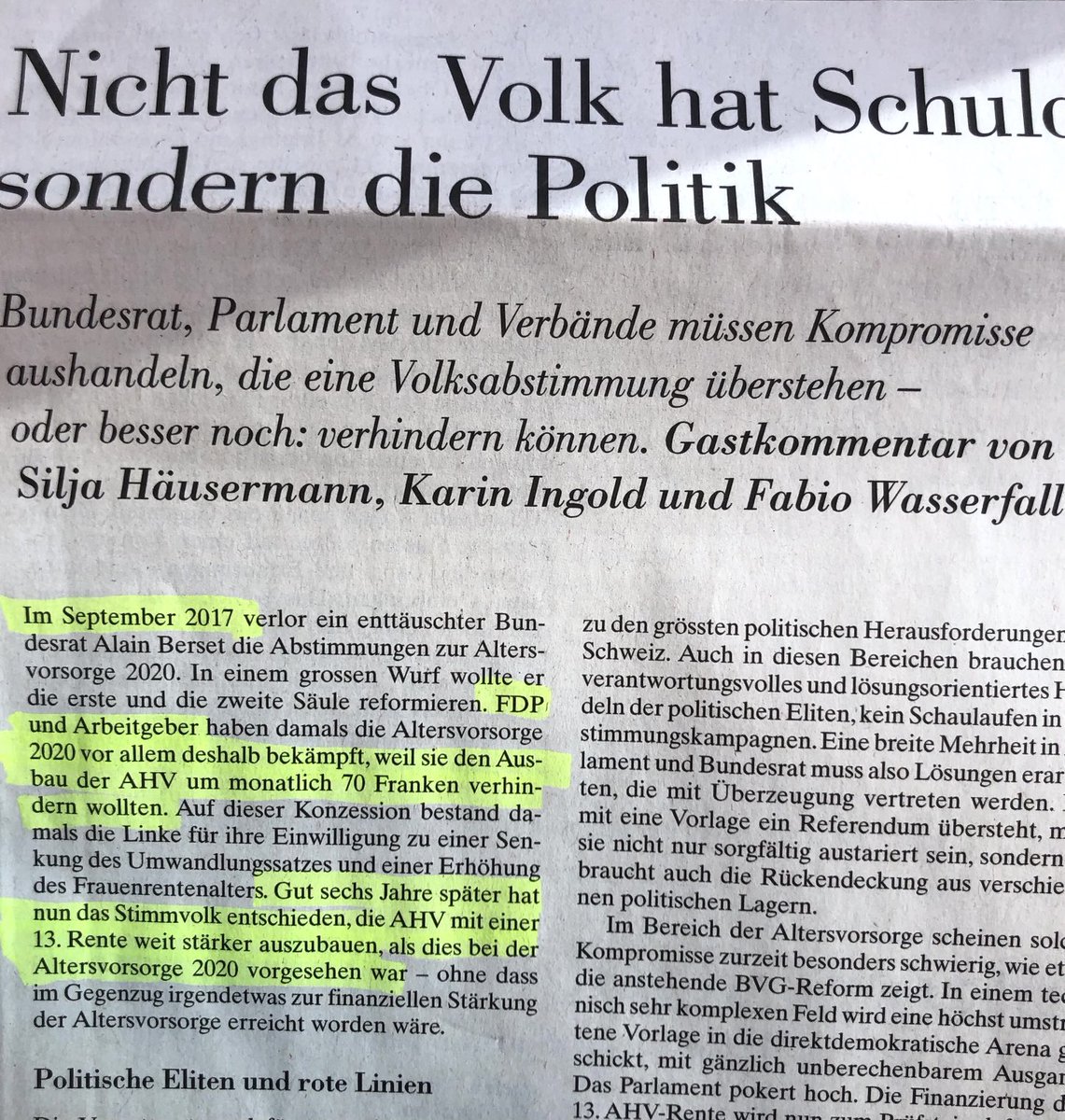 Wegen 70 Fr. bodigten @FDP_Liberalen 2017 AHV/BVG-Reform 💪! Mit der 13. AHV ist es nun⁩ xMal teurer geworden und die Reform der 2. Säule in der Schwebe @ThierryBurkart⁩! Und nun? Lesenswerter Artikel von ⁦@SiljaHausermann⁩ ⁦@IngoldKarin⁩ ⁦@IPWunibern⁩