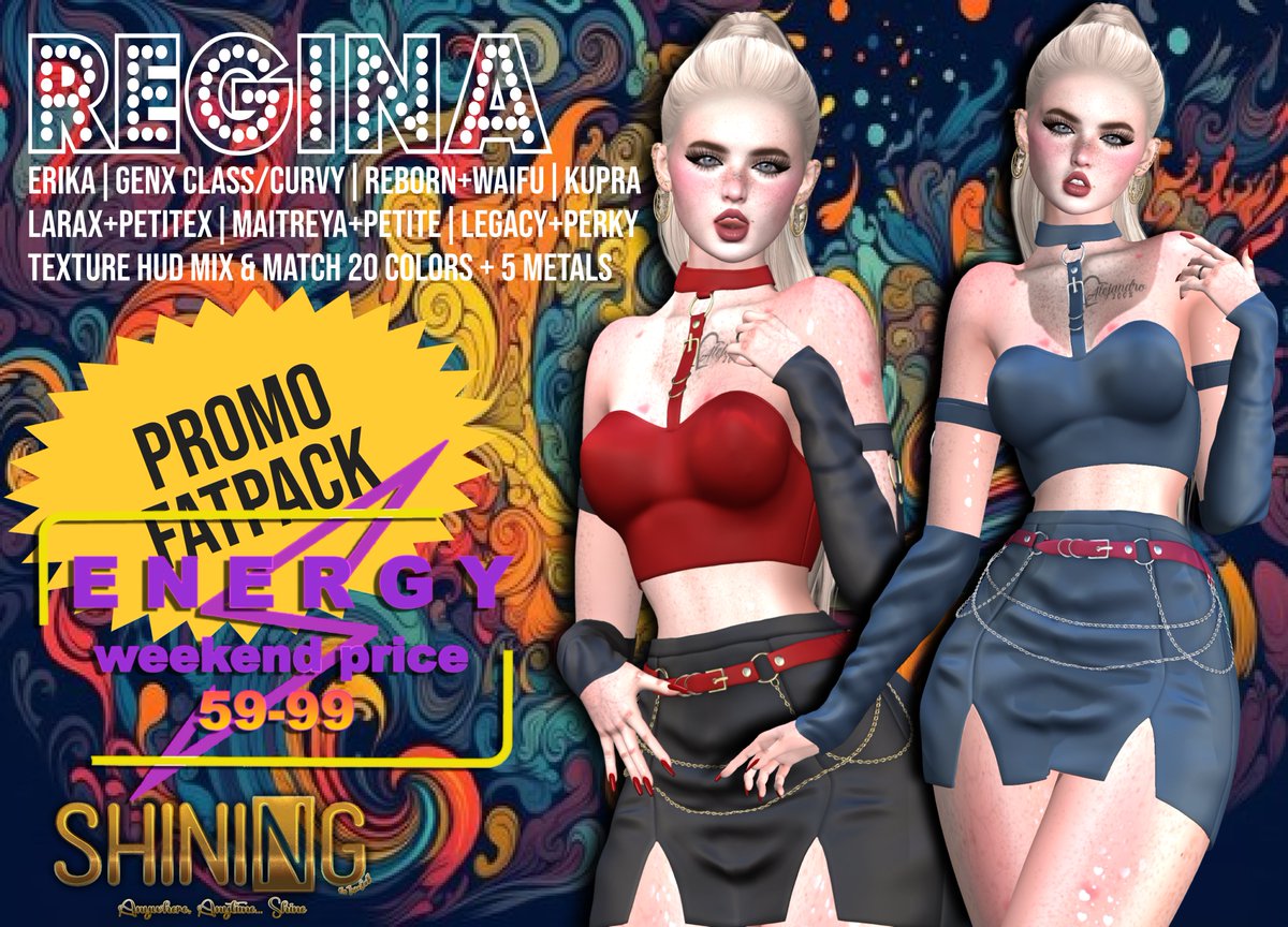 ShiningSL's tweet photo. ✨PROMO 99L FATPACK✨ April 5th - 8th
💕Regina Set (TRY DEMO)
💛Erika|GenX Class/Curvy|Reborn+Waifu|LaraX+PetiteX|Kupra|Maitreya+Petite|Legacy+Perky
💛Texture HUD Mix &amp; Match 20 Colors + 5 Metals
TAXI
https://t.co/KMchLj7BK8 https://t.co/1PuNhlNkkr