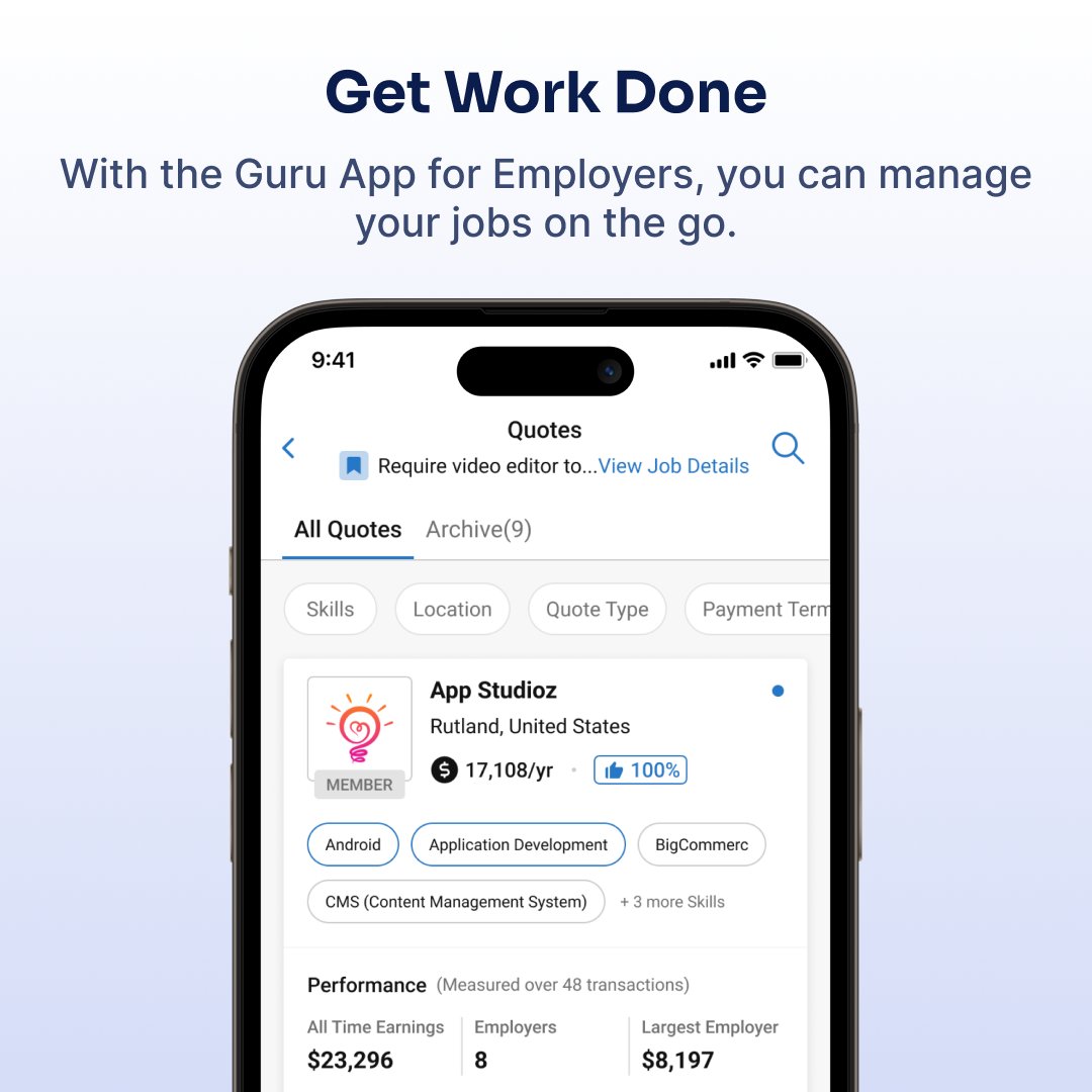 The new Guru App for Employers is now available for both iOS and Android. Quick, on-the-go access to post jobs, search for freelancers, manage jobs, and make secure payments. Download the app for iOS or Android today!
iOS: rb.gy/3pbbeg
Android: rb.gy/0zae2j