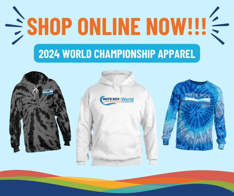 ✨ Exciting news!! ✨ Order your MATE ROV Competition 2024 World Championship apparel NOW and have it for the big event! 

Not attending the World Championship, but still want some cool gear? No problem - the store is open to all! 🛍️

💻 Shop: hubs.ly/Q02rRKgR0

#watergame