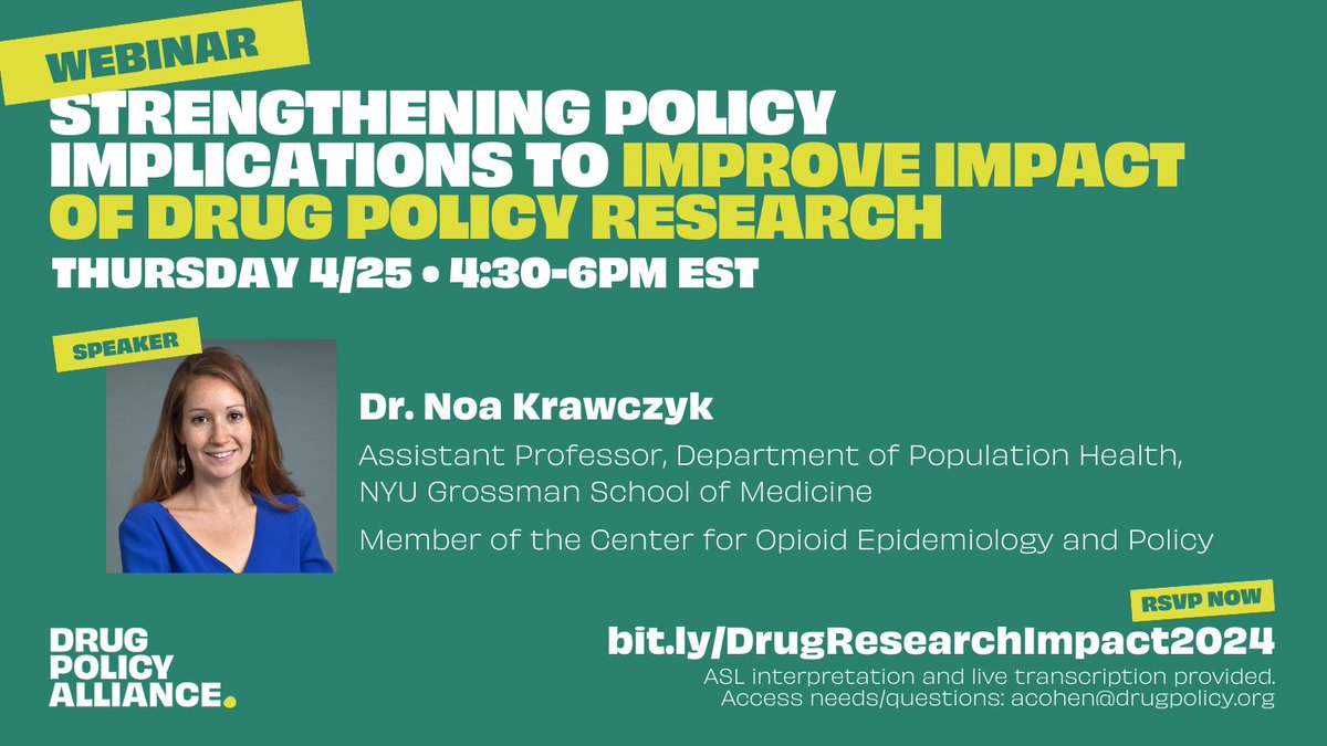 SAVE THE DATE: 4/25 4:30-6pm EST 'Strengthening policy implications to improve the impact of drug policy research,' an instructive webinar with @NoaKrawczyk Far too often, policy is overlooked or underdeveloped in papers. Get some tips! Register: bit.ly/DrugResearchIm…