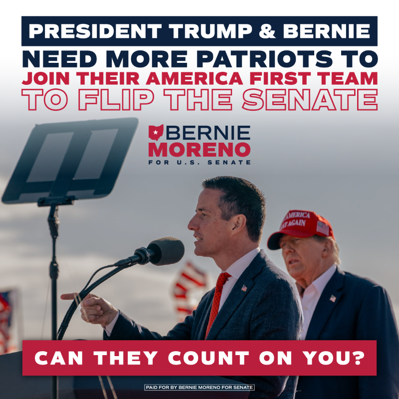 teammoreno2024's tweet photo. PATRIOTS – We need your help. Radicals who want to destroy our America First values are lining up to give to Sherrod Brown in the race for Ohio’s Senate seat. 

President Trump and Bernie need more patriots like you to join us NOW so we can beat the America LAST establishment!