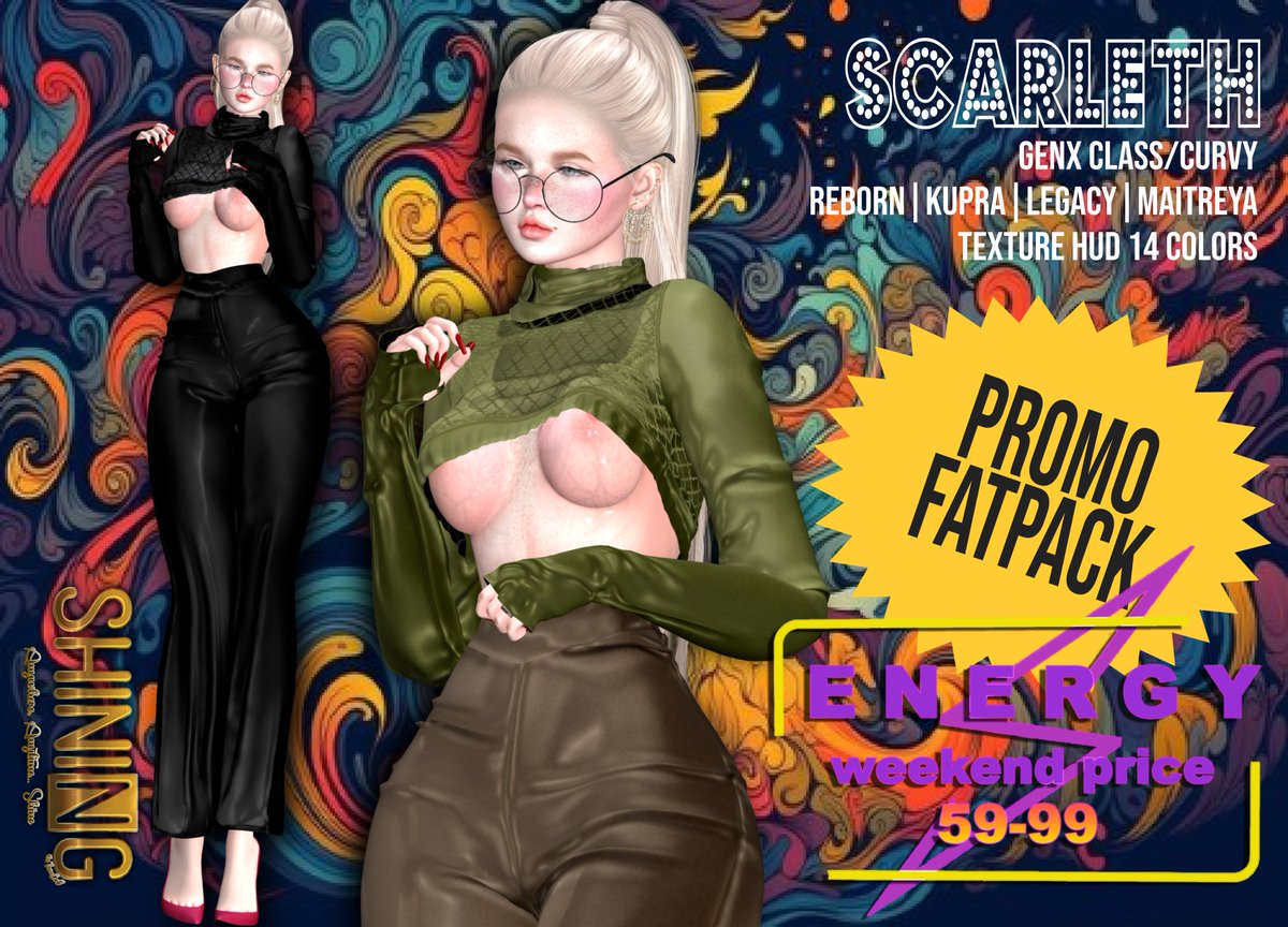 ShiningSL's tweet photo. ✨PROMO 75L FATPACK✨ April 5th - 8th
💕Scarleth Set (TRY DEMO)
💛GenX Class/Curvy|Reborn|Kupra|Legacy|Maitreya
💛Texture HUD 14 Colors
TAXI
https://t.co/KMchLj7BK8 https://t.co/D0C9ovwYF6