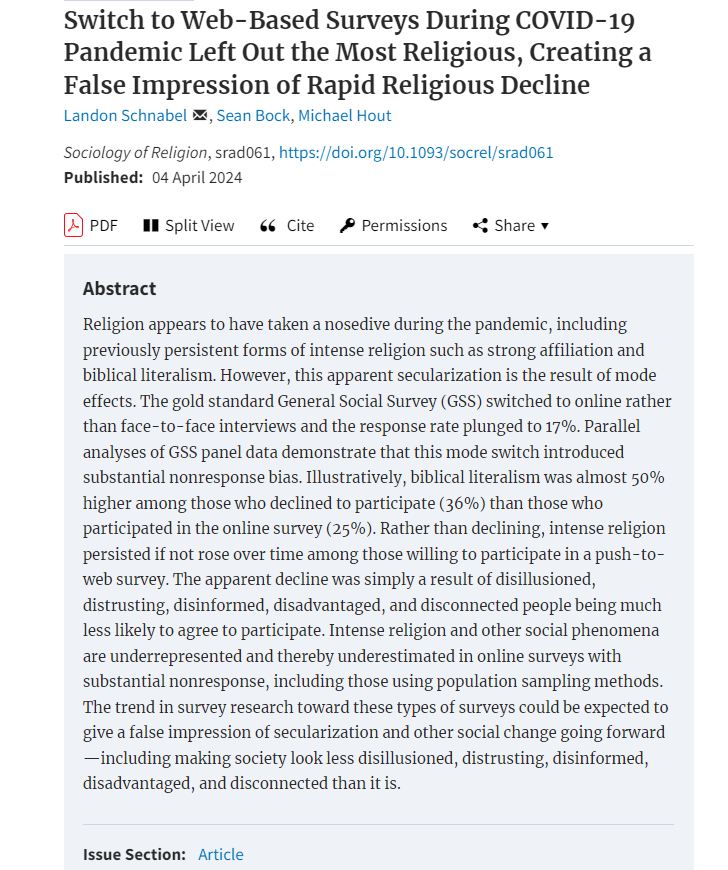 LandonSchnabel's tweet photo. New article on what happened to religion, and the measurement of religion, during the pandemic: https://t.co/S3gf5AThQ0

We (@_SeanBock @MikeHoutNY) show the apparent decline in the highest levels of religiosity in the 2021 GSS, which moved online, was due to non-response bias. https://t.co/5PrcBT9kk0