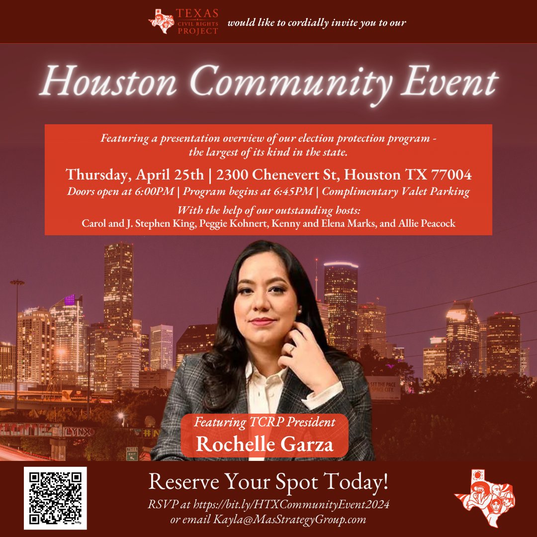 Hey, Houston! TCRP is coming to your neck of the woods for our next community event. RSVP now to join our team for a great night of camaraderie over some delicious food and drinks as we discuss how to keep our elections free and accessible this November. bit.ly/49qDYxb
