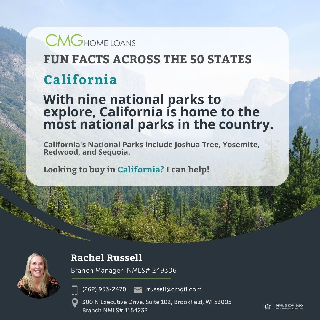 Happy #FunFactFriday from sunny CA! California is full of beautiful places to spend time with nature. If you're looking to embrace the great outdoors somewhere new like the Golden State, call me TODAY! I can help 🌲🌵☀️

#CMGHomeLoans #TeamCMG #CARealEstate #CAMortgageLender