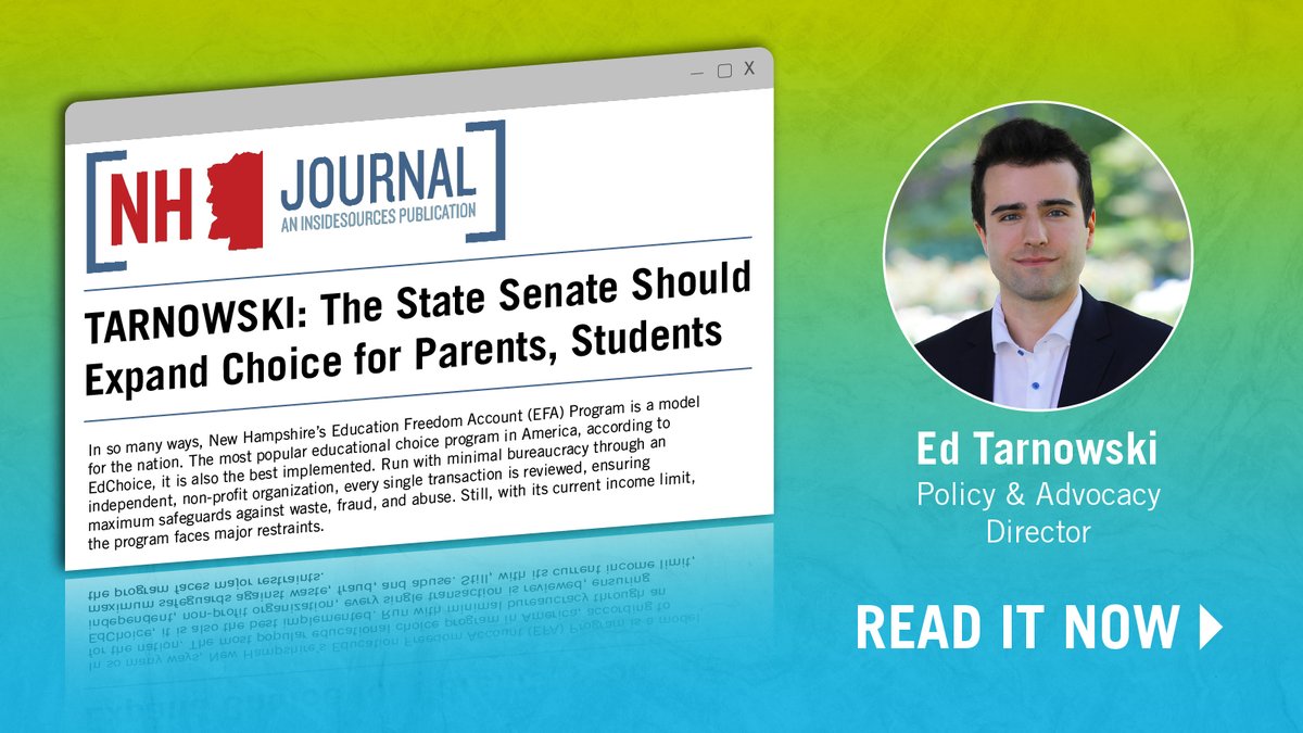 The New Hampshire Education Freedom Account program has its popularity but its limitations leave many families out. EdChoice policy & advocacy director Ed Tarnowski wrote this article on why the state's Senate ought to expand this program to more families. nhjournal.com/tarnowski-the-…