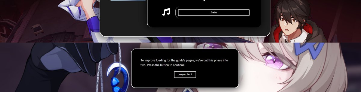 The Honkai Impact 3rd story guide has updated.

Video embed have now mostly been replaced with buttons and images. This greatly improves page loading.

We have also split the Phase 2 and Phase 3 pages into two each cut the loading time in half.