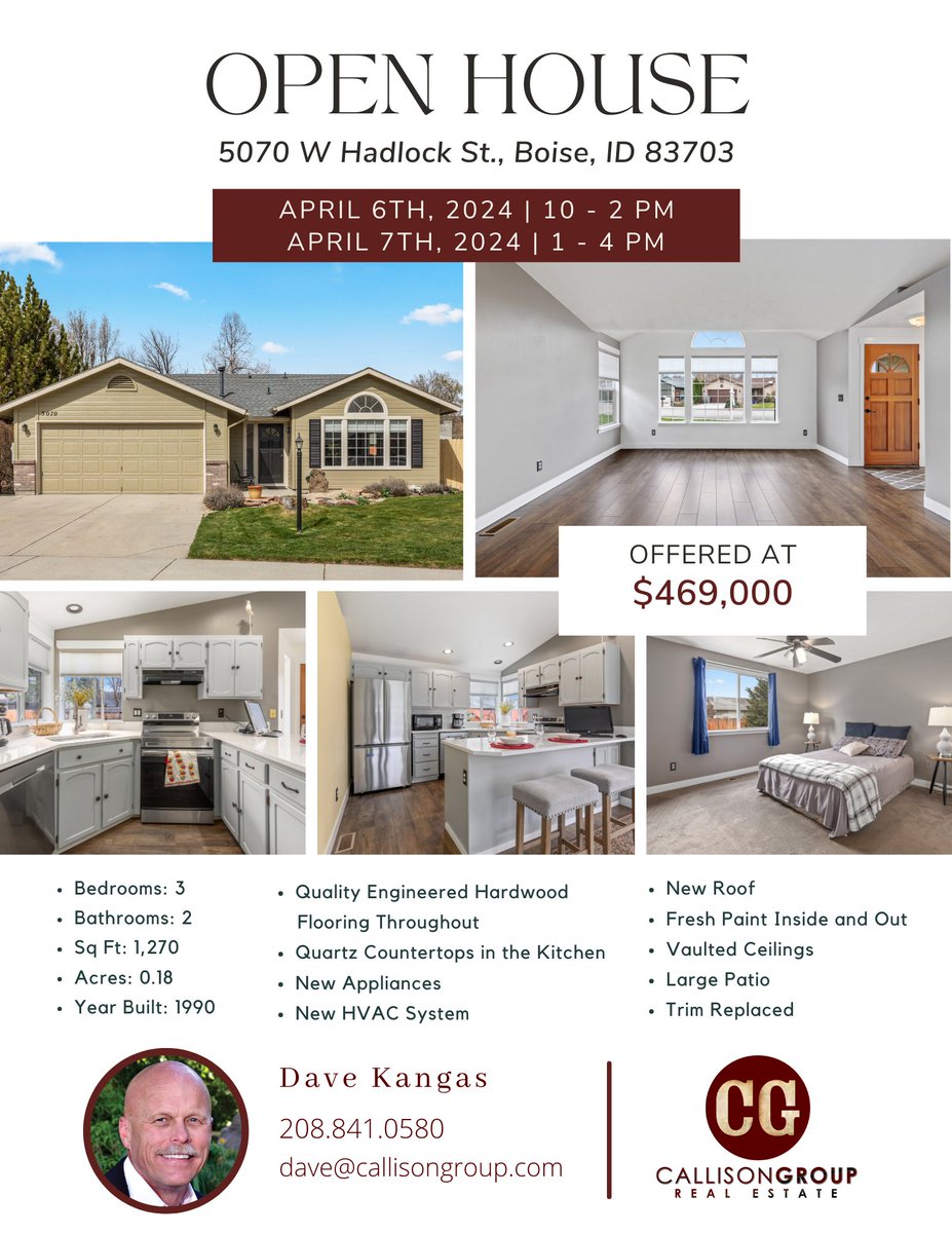 CallisonGroup's tweet image. 🏠✨OPEN HOUSE ALERT! ✨🏠

📍 5070 W Hadlock St Boise, ID 83703
⏰ SATURDAY, APRIL 6, 2024 from 10-2 PM!
⏰ SUNDAY, APRIL 7, 2024 from 1-4 PM!
🛏 3 Bedrooms  🛁  2 Bathrooms 

Call/text listing agent, Dave Kangas
☎️ (208) 841-0580