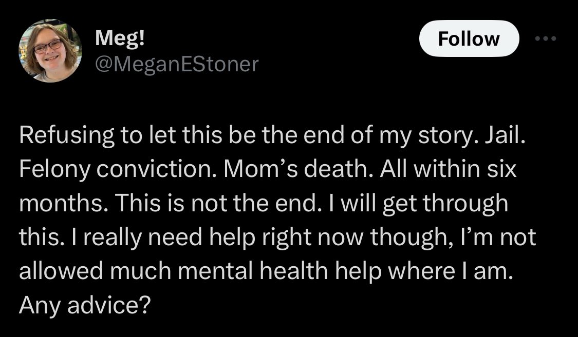 Megan reaps what she sows, and I find it hard to believe she isn't allowed much mental health help, maybe cause she had used it to scam money out of people? 🤷🏻‍♂️ Thoughts, @ChroniclesMegan? #Indiana #Felon #Scammer #Awareness