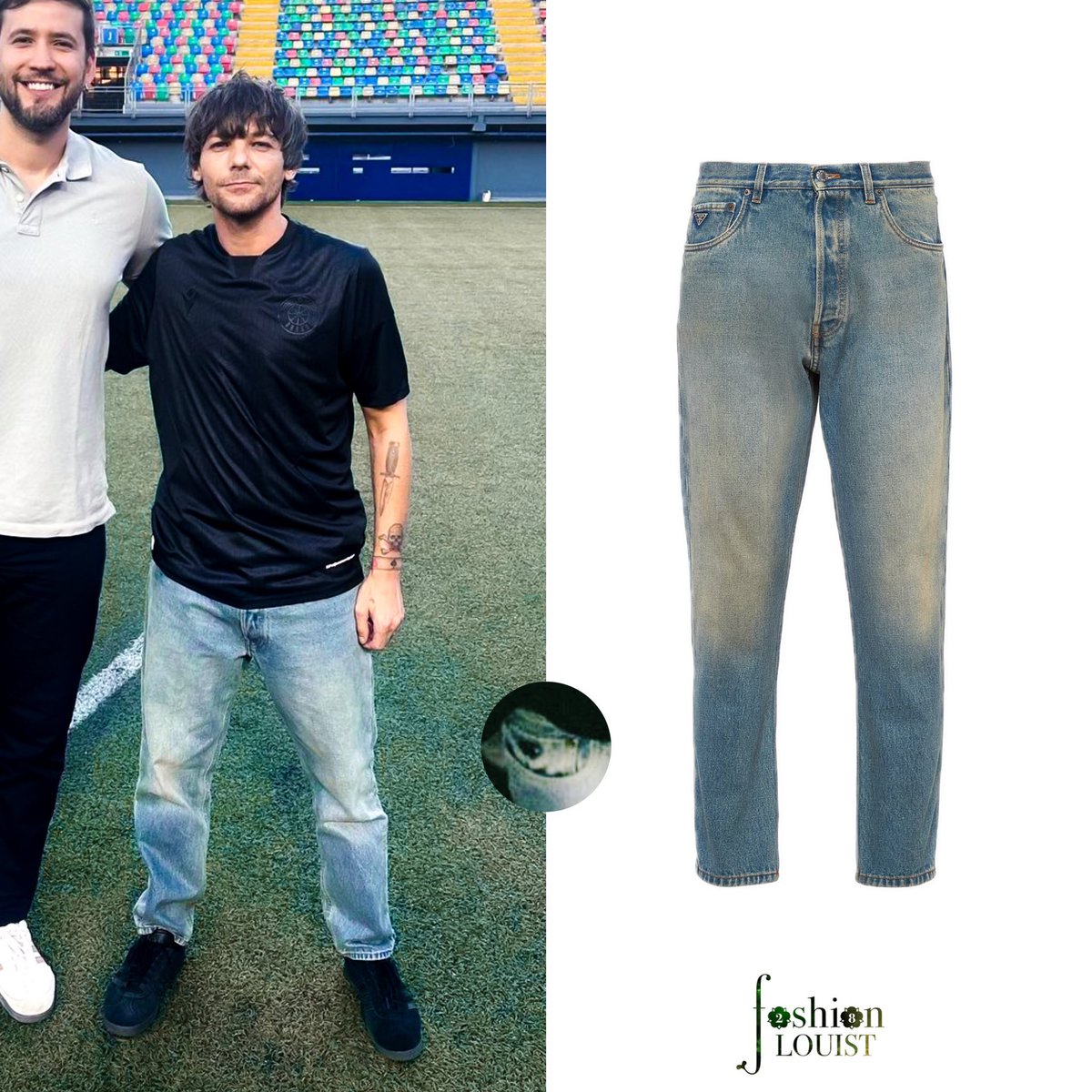 Louis wore Prada Five-Pocket Denim Jeans in Light Blue in Chile yesterday. A used finish gives them a 1950's retro feel, while the logo label from the archives stands out on the back. Thank you to Helen Seamons for helping us with the ID! — prada.com/us/en/p/five-p…