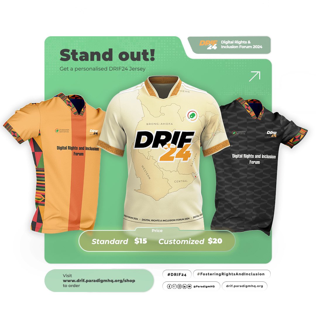 Get ready to make memories and support the advancement of digital rights at #DRIF24 in Accra! @ParadigmHQ is thrilled to offer merchandise for the 11th edition of the Digital Rights and Inclusion Forum. Pre-order now and be a part of something special: drif.paradigmhq.org/shop/