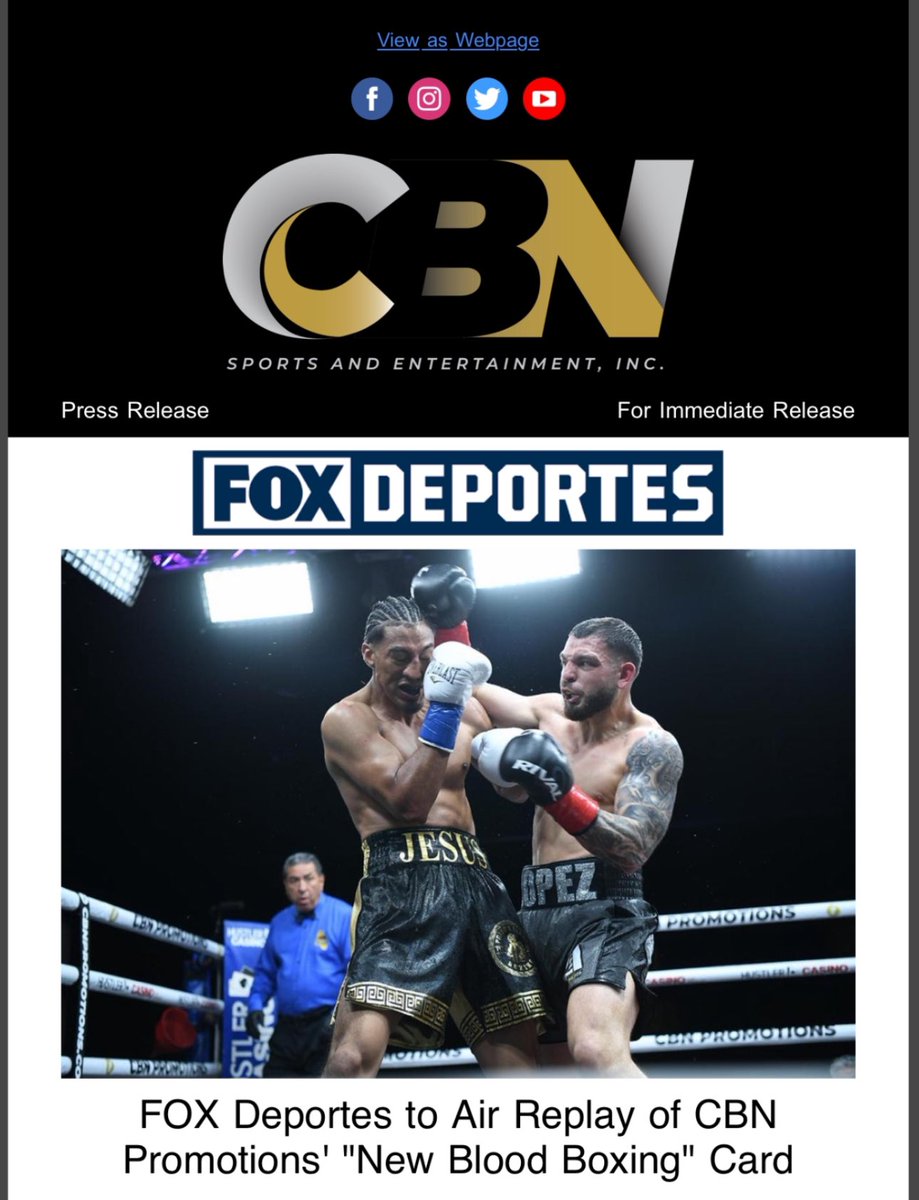 CBNPromotions's tweet image. Attention all boxing fans, @FOXDeportes  will air the replay of @CBNPromotions "New Blood Boxing" later tonight, 4-5-24, at 7:00 pm PT. Lopez vs Resendiz, Oliva vs Puerta, Mondragon vs Lausa @HUSTLERCASINOLA @ShoePalace @tequilamandala #northgatemarket