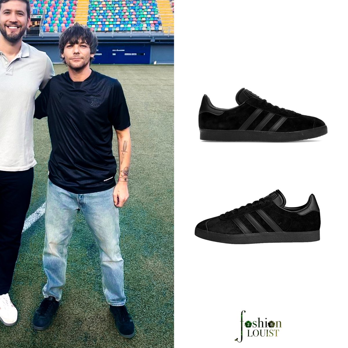 Louis wore Adidas Gazelle Shoes in Core Black in Chile yesterday. These '60s-era soccer sneakers reissue have authentic textures, materials and proportions. The upper is made of nubuck and features tonal trim and silver-colored lettering. — adidas.com/us/gazelle-sho…