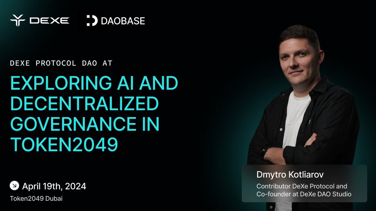 🚀DeXe DAO's Dmytro Kotliarov speaks at @daobase_ai Decentralized Dialogues! 💡He'll discuss DeXe's innovative approach to decentralized governance. Don't miss his insights! #TOKEN2049 #decentralized Link: lu.ma/decentralized-…