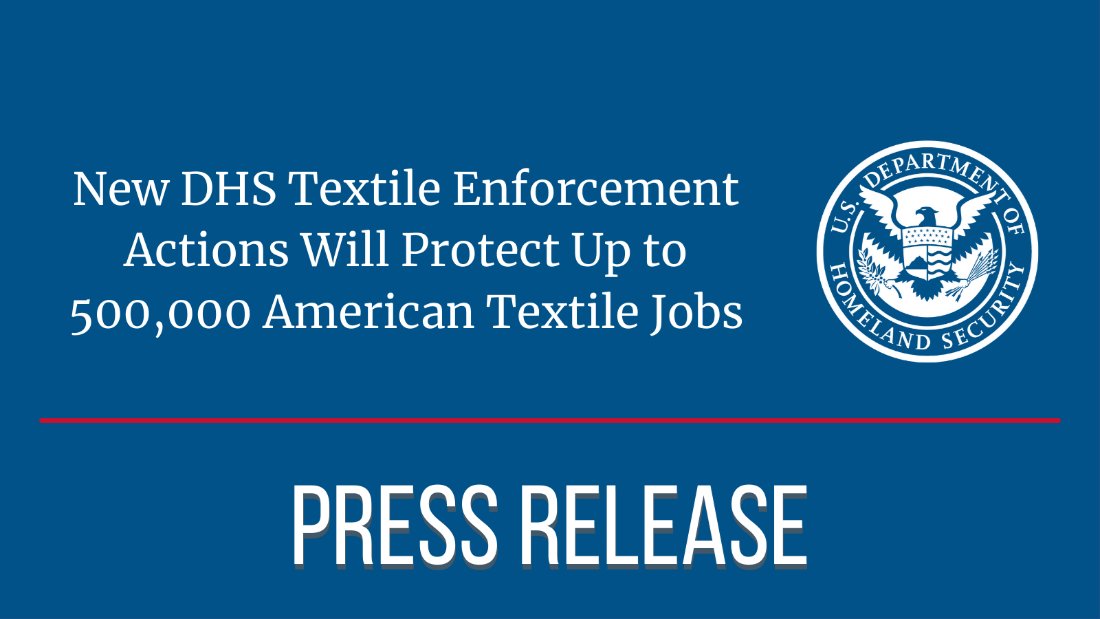 NEW: DHS for the first time is outlining an enhanced strategy to safeguard the American textile industry, which represents over 500,000 U.S. jobs, and $39 billion in annual shipments. Learn more ⬇️ dhs.gov/news/2024/04/0…