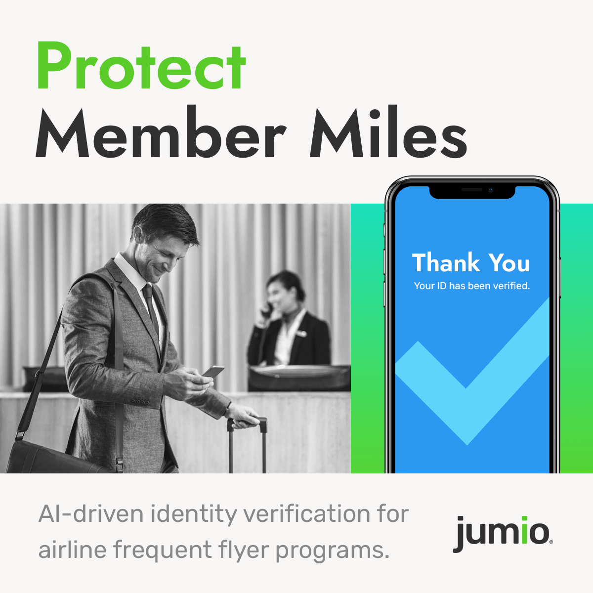 Jumio helps airlines ensure their customers are who they say they are with the ease of taking a selfie, both when they create their account and each time they use their miles. Learn more: go.jumio.com/airlines-mini