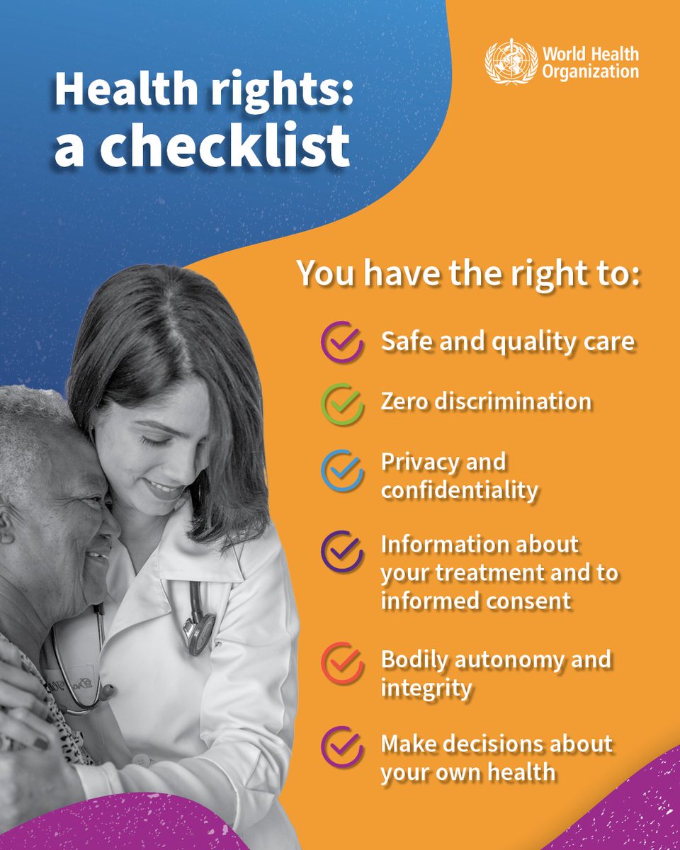 Know your health rights! You have the right to: ☑️safe and quality care, without any discrimination. ☑️privacy and confidentiality of your health information. ☑️information about your treatment and to informed consent. ☑️bodily autonomy and integrity. #WorldHealthDay2024