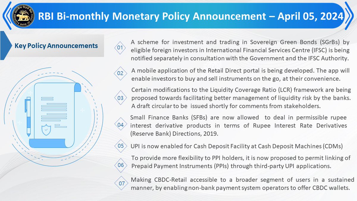 Highlights of the Monetary Policy announcement today by Governor Shri @DasShaktikanta. 

#rbi #rbitoday #rbigovernor #rbipolicy #monetarypolicy #rbimonetarypolicy #ShaktikantaDas