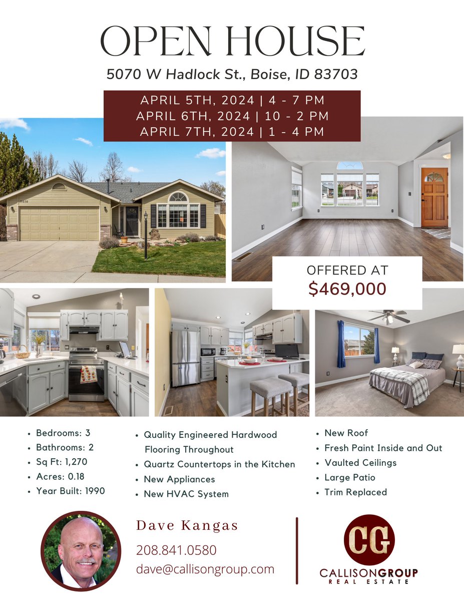 CallisonGroup's tweet image. 🏠✨OPEN HOUSE ALERT! ✨🏠

📍 5070 W Hadlock St Boise, ID 83703
⏰ FRIDAY, APRIL 5, 2024 from 4-7 PM!
⏰ SATURDAY, APRIL 6, 2024 from 10-2 PM!
⏰ SUNDAY, APRIL 7, 2024 from 1-4 PM!
🛏 3 Bedrooms  🛁  2 Bathrooms 

Call/text listing agent, Dave Kangas
☎️ (208) 841-0580