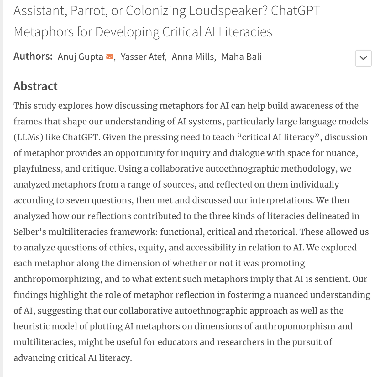 Folks at #4c24 interested in AI, do check out this paper that @EnglishOER @Bali_Maha @yasser_tammer & I did where we present analysing metaphors in public discourse on AI as a means to develop critical AI literacies: openpraxis.org/articles/10.55… #ChatGPT #CriticalAILiteracy