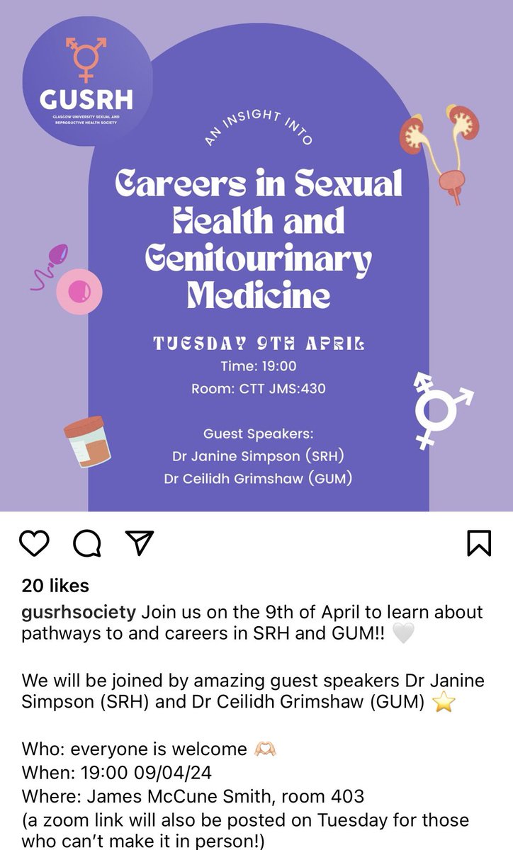 Come join Dr @kleegrim & myself at @UofGMedicine #SexualReproductiveHealth Society on Tuesday evening to learn more about our fantastic specialties @FSRH_UK @FSRH_Scot @BASHH_UK @STASHH_UK Details 👇🏻 #SexualHealth #UndergraduateEducation