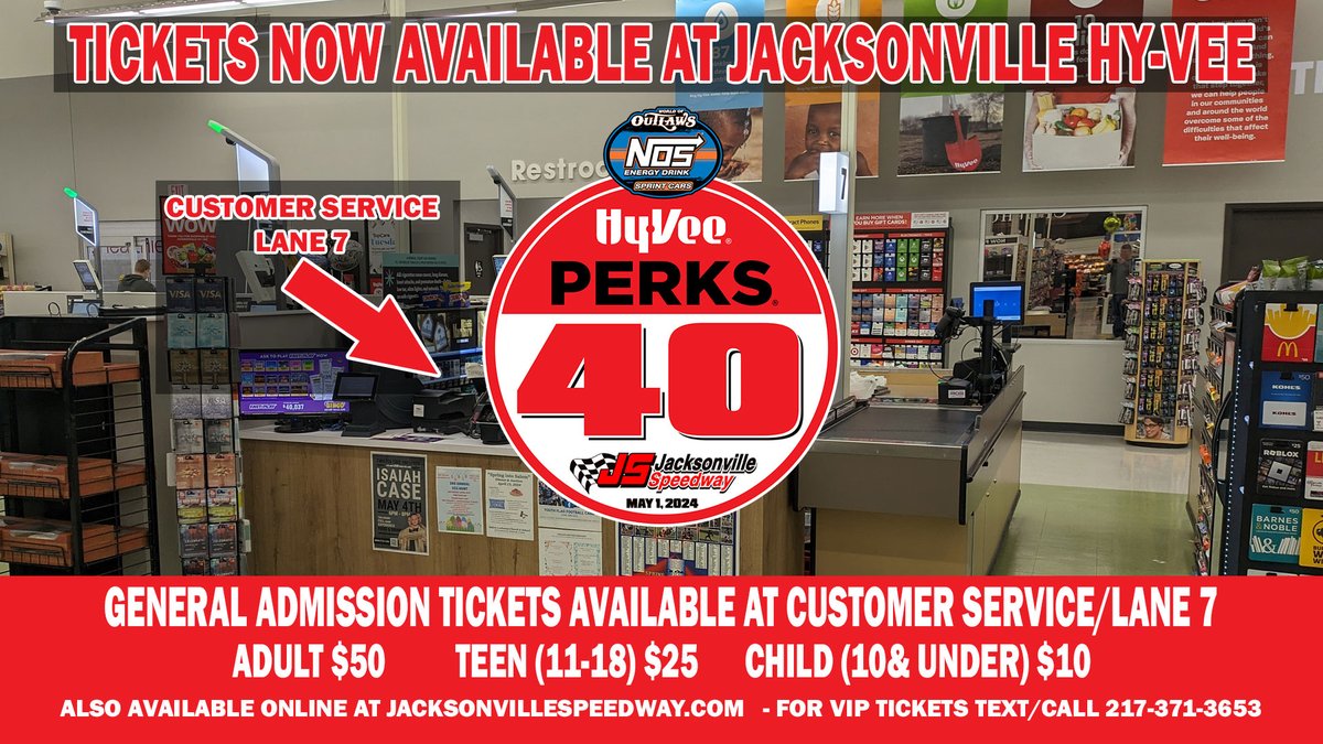 3 Ways to get GA tickets to May 1 @HyVee 40 @WorldofOutlaws at @jaxspeedway 1. At Jacksonville Hy-Vee Lane 7 2. At Barneys Pub in Jax 3. Online jacksonvillespeedway.com For VIP go online or text me at 217-371-3653