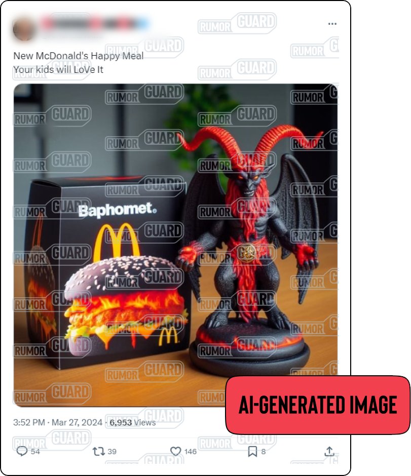 ❌ NO: McDonald’s is not selling a satanic Happy Meal featuring a special “fiery” sandwich on black hamburger buns. And their Happy Meals do not include a toy figurine of Baphomet — a symbol often associated with Satanic or occult imagery. bit.ly/McDonaldsFake