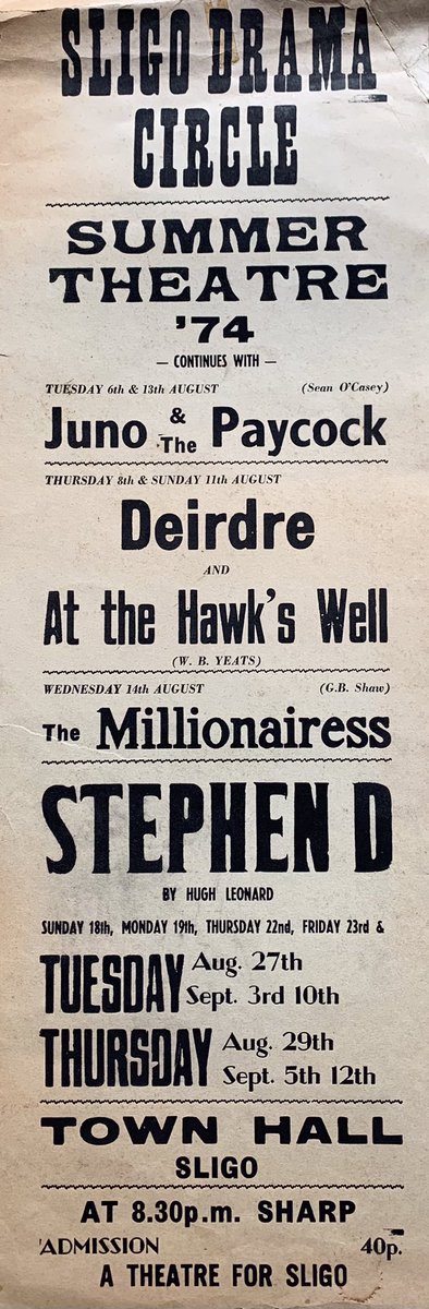 Almost 50 years ago Sligo Drama Circle was performing a summer season of plays in the Town Hall with a view towards building a “Theatre for Sligo” which eventually led to the opening of @HawksWellSligo in 1982. #sligo #drama #irishdrama