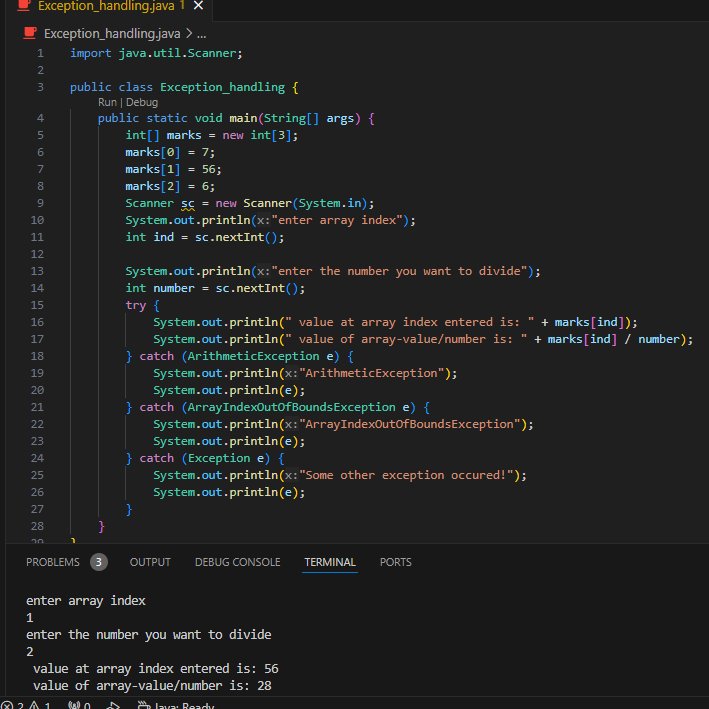 sklearner1's tweet image. Day 78 of #LearningJava 
Today, I learned how to handle specific exceptions in Java.